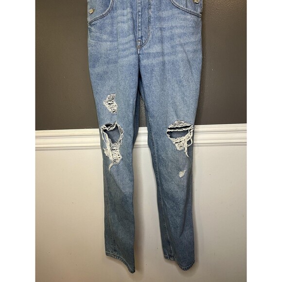 &Denim Overalls Womens 4 Light Wash Blue Denim Bib Adjustable Straps Distressed - Picture 3 of 11